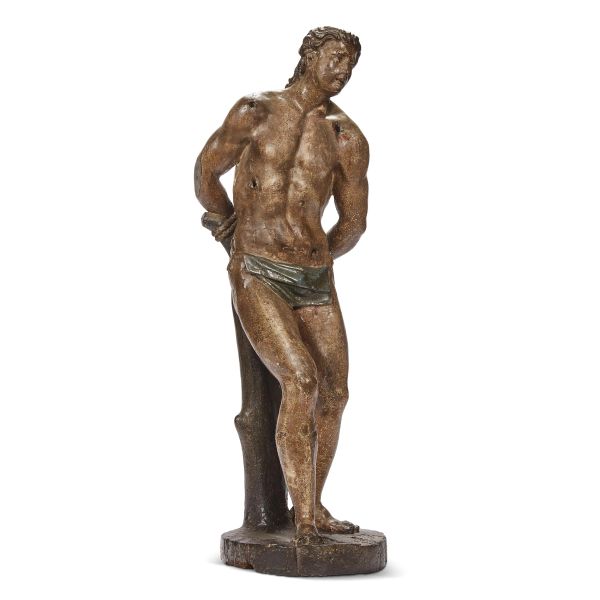 Lombard School, 17th century, Saint Sebastian, carved and painted wood, 70x21x25 cm