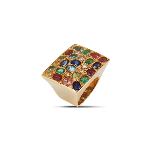 



MULTI GEM WIDE BAND RING IN 18KT YELLOW GOLD