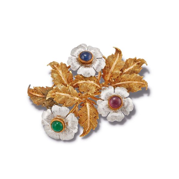 



SAPPHIRE, EMERALD AND RUBY FLORAL BROOCH IN 18KT TWO TONE GOLD