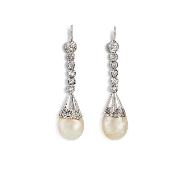 NATURAL PEARL AND DIAMOND DROP EARRINGS IN 18KT WHITE GOLD