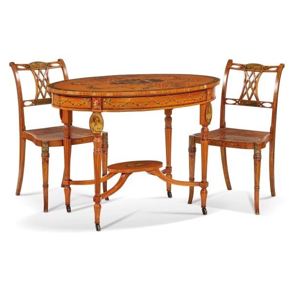 



AN ENGLISH TABLE WITH A PAIR OF CHAIRS, 19TH CENTURY