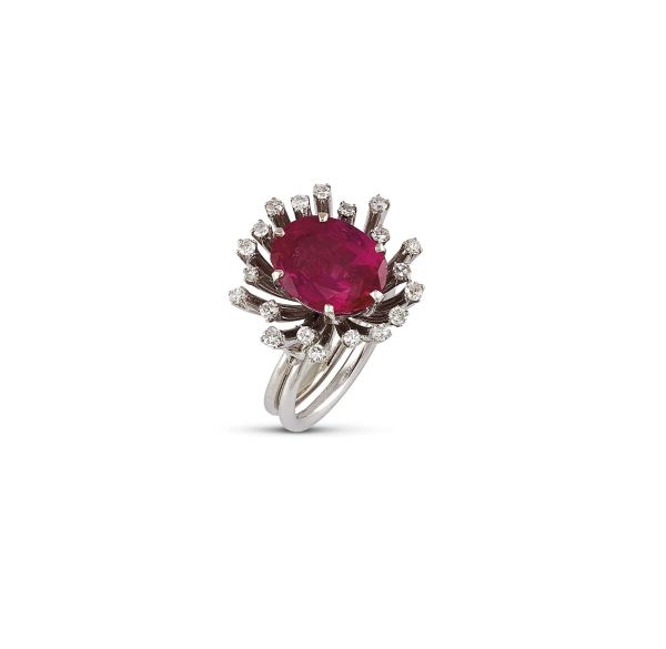 CARTIER PARIS PURPLISH RED BURMA RUBY AND DIAMOND RING IN 18KT WHITE GOLD