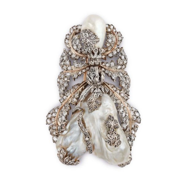



BUCCELLATI PEARL AND DIAMOND BROOCH IN GOLD AND SILVER