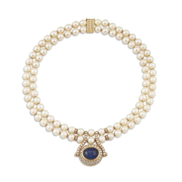 PEARL SAPPHIRE AND DIAMOND NECKLACE IN 18KT YELLOW GOLD