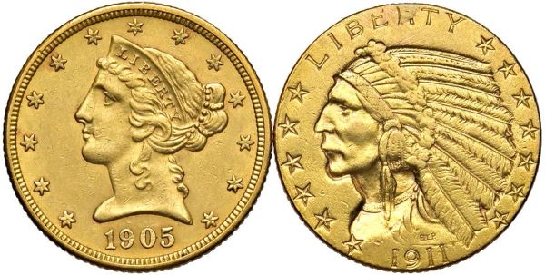      STATI UNITI. DUE MONETE DA 5 DOLLARI (1905 LIBERTY, 1911 INDIAN) E UNA DA 1 DOLLARO 1853 