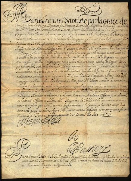 (Savoia) MARIA GIOVANNA BATTISTA DI SAVOIA (1644-1724). Patente di Capitano a Charles Albert Aldobrandin.
