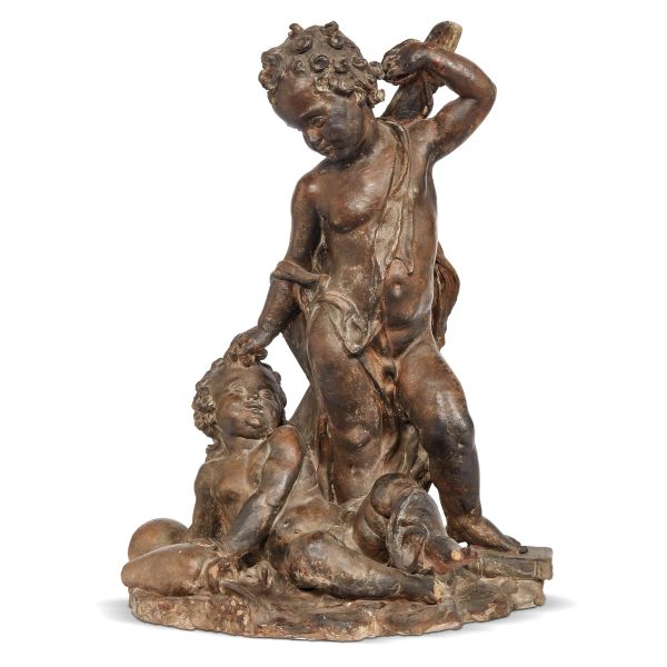Northern Italy, early 18th century, Putti games, patinated&nbsp; terracotta, 62x42x50 cm