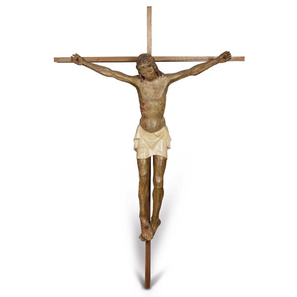 Tuscan sculptor close to Masseo Civitali (Lucca, documented between 1486 and 1518) Crucified Christ, polychromed wood statue, cm 97x75 cm