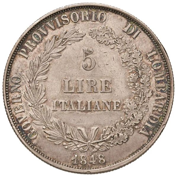      MILANO. GOVERNO PROVVISORIO DI LOMBARDIA. 5 LIRE 1848 