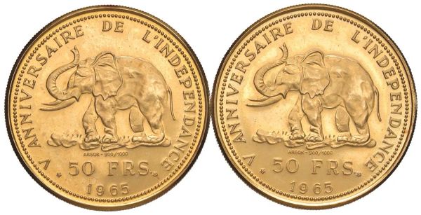 CONGO. DUE MONETE D&rsquo;ORO DA 50 FRANCHI 1965