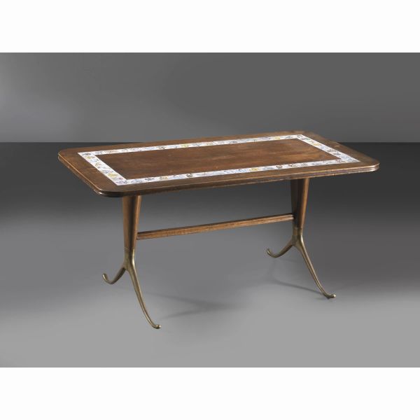 



LOW TABLE, WOODEN AND BRASS STRUCTURE, DECORATIVE CERAMIC INSERTS 