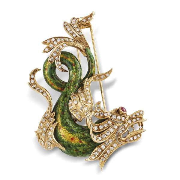 BIG DRAGON-SHAPED BROOCH IN 18KT YELLOW GOLD AND ENAMELS