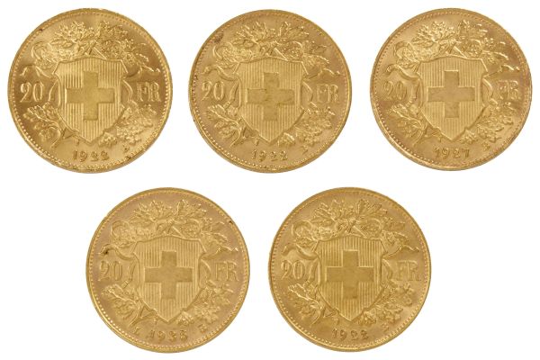 SVIZZERA. CINQUE MONETE DA 20 FRANCHI
