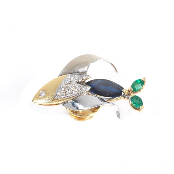 MULTI GEM FISH PIN IN 18KT TWO TONE GOLD