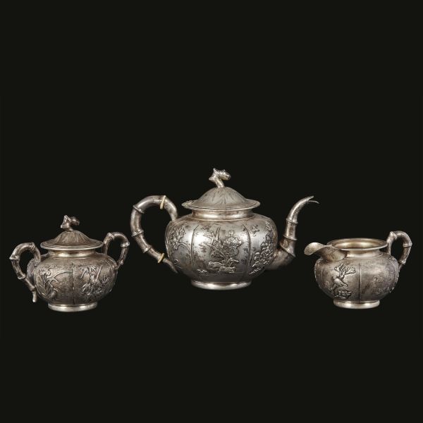A SILVER TEA POT, SUGAR HOLDER AND MILK JUG, CHINA, LATE QING DYNASTY, 19TH-20TH CENTURIES