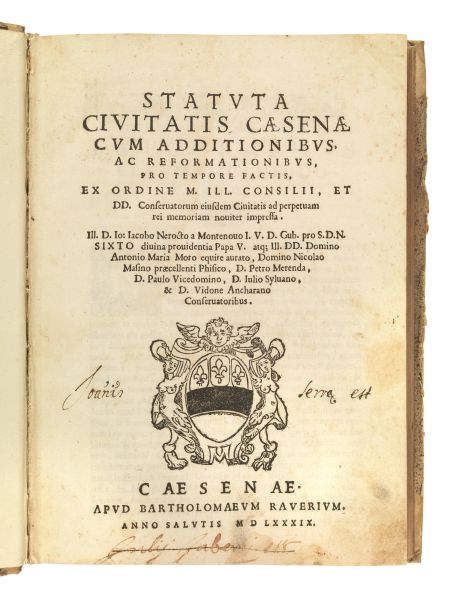      (Giurisprudenza)   CESENA.   Statuta ciuitatis C&aelig;sen&aelig; cum additionibus, ac reformationibus   [&#8230;]. Caesenae, apud Bartholomaeum Raverium, 1589 (Caesenae, apud Bartholomaeum Rauerium, 1590). 