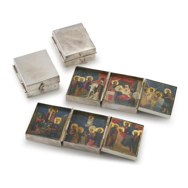 FOUR SILVER TRAVEL ICONS, TWO FINENESS 72 ZOLOTNIKI, RUSSIA, END OF 19TH CENTURY