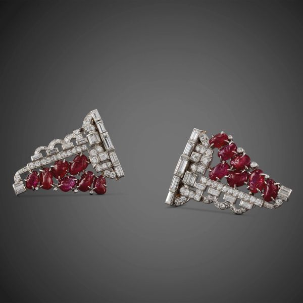 SPILLA A DOPPIA CLIP CON RUBINI E DIAMANTI