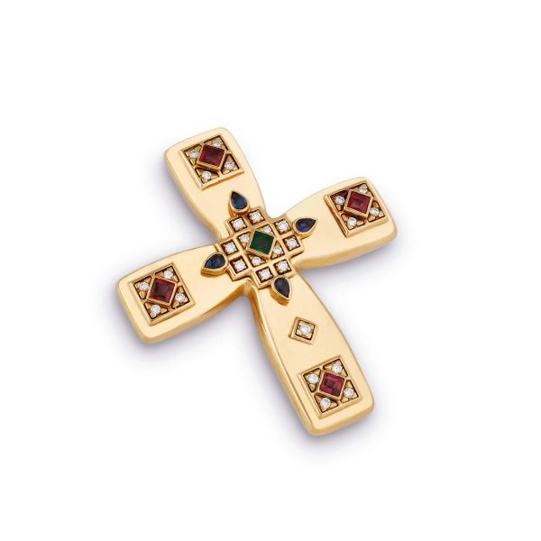 Cartier - 



CARTIER CROSS-SHAPED BROOCH WITH DIAMONDS AND GEMSTONES