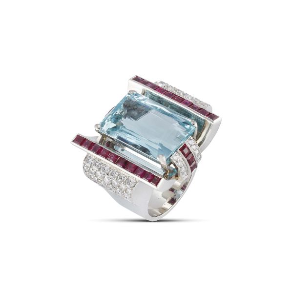 BIG AQUAMARINE RUBY AND DIAMOND WIDE BAND RING IN PLATINUM