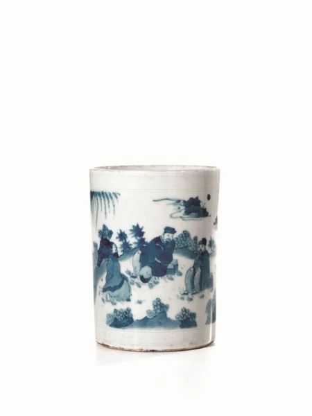 Porta pennelli Cina sec. XIX, in porcellana bianca e blu, decorato con paesaggio
