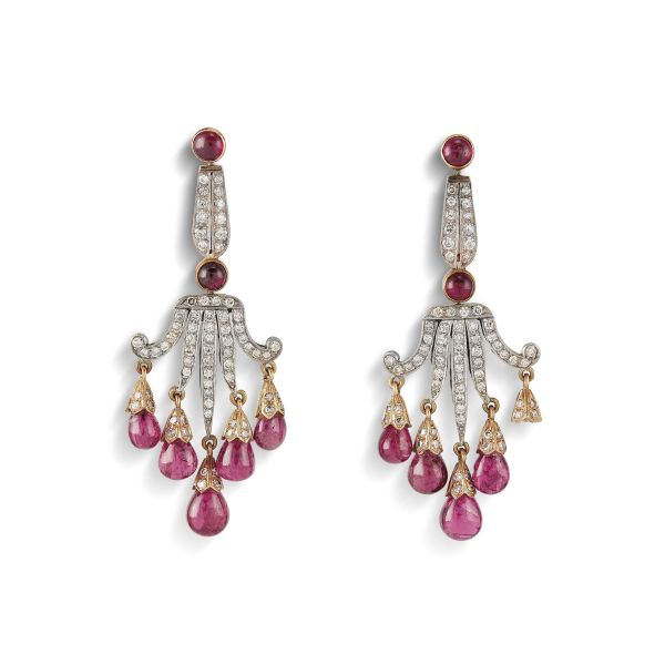 RUBY AND DIAMOND CHANDELIER EARRINGS IN SILVER AND GOLD