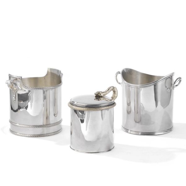 A PAIR OF SILVER PLATED METAL BOTTLE BUCKET AND A SILVER PLATED METAL ICE BUCKET, 20TH CENTURY