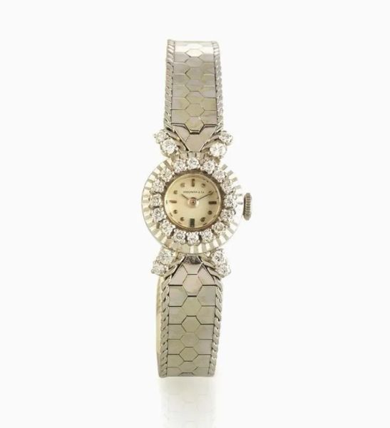 Orologio per signora Hausmann &amp; Co., anni '50, in oro bianco e diamanti