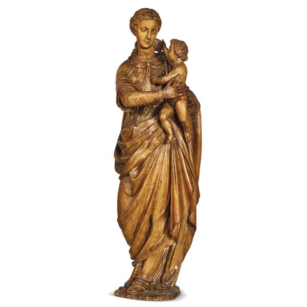 Northern Italy, late 16th century, Madonna with child, carved and patinated wood, 152x45x33 cm