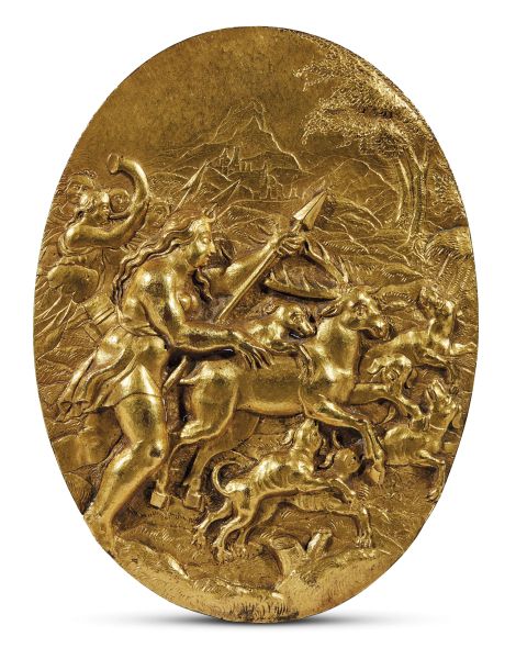 German, early 17th century, Diana and Actaeon, gilt copper