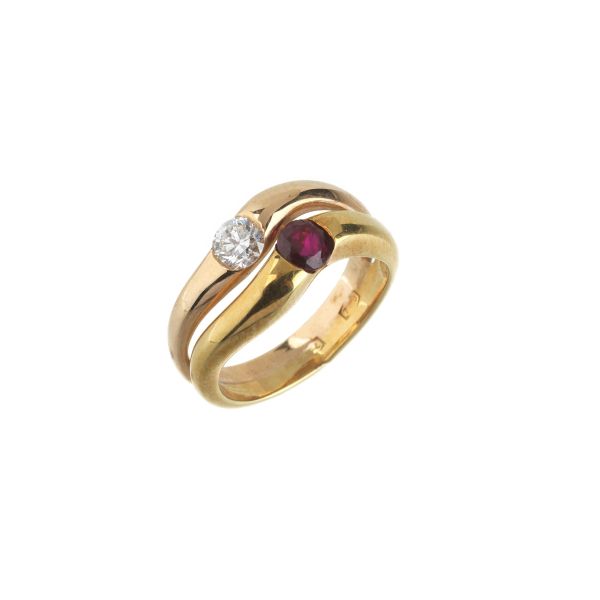 DOUBLE BAND RUBY AND DIAMOND RING IN 18KT YELLOW AND ROSE GOLD