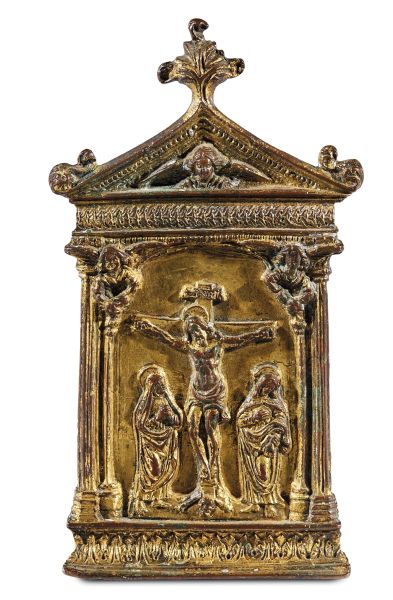 Tuscan, late 15th century, Crucified Christ between the Madonna and Saint John, gilt bronze