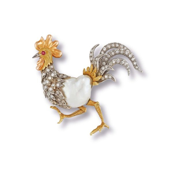 



DIAMOND AND PEARL ROOSTER-SHAPED IN 18KT THREE TONE GOLD