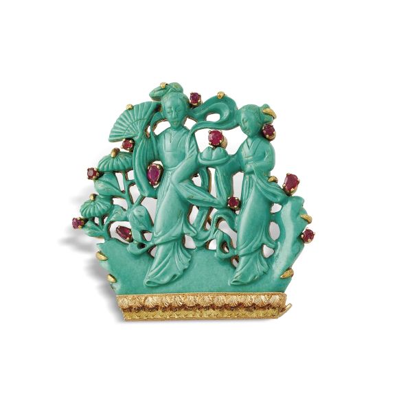 CAZZANIGA TURQUOISE AND BURMESE RUBY ORIENTAL BROOCH IN 18KT YELLOW GOLD