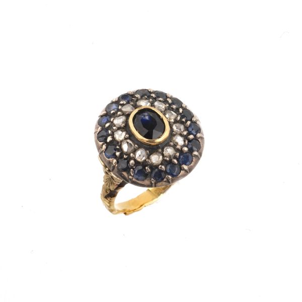 SAPPHIRE AND DIAMOND FLORAL RING IN GOLD AND SILVER