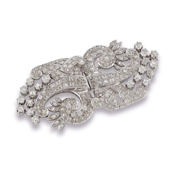 OLD MINE CUT DIAMOND BROOCH IN PLATINUM AND 18KT WHITE GOLD