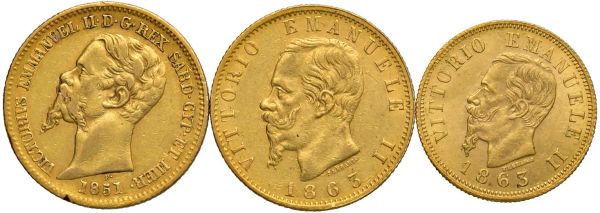      SAVOIA. DUE MONETE DA 20 LIRE (1851, 1863) E UNA DA 10 LIRE 1863 