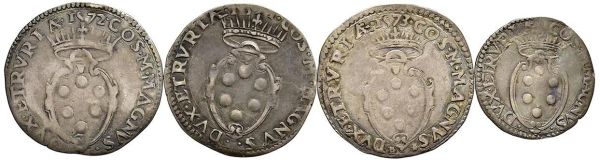 FIRENZE, COSIMO I DE&rsquo; MEDICI GRANDUCA DI TOSCANA (1569-1574), QUATTRO MONETE IN ARGENTO