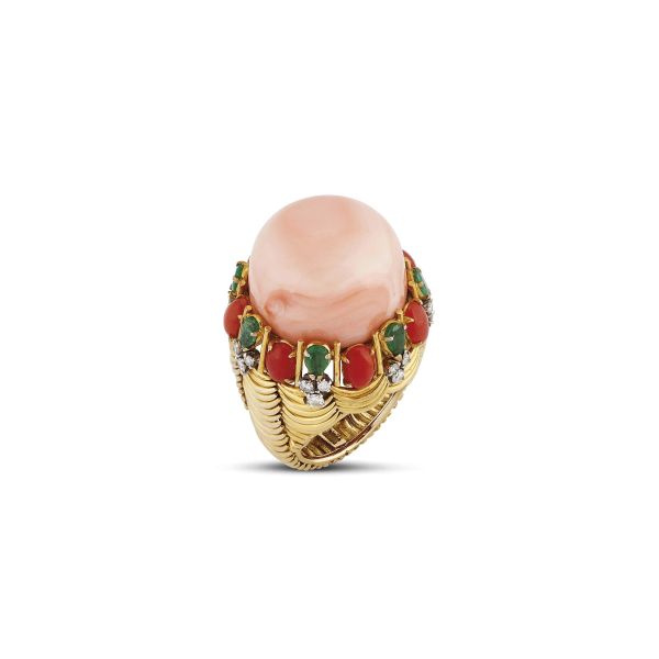 BIG MULTI GEM DOME RING IN 18 TWO TONE GOLD