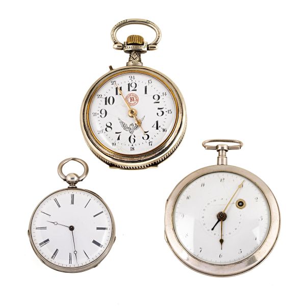 



THREE SILVER AND METAL POCKET WATCHES