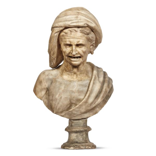 Florentine school, 16th century, bust of a old hag, white and grey marble