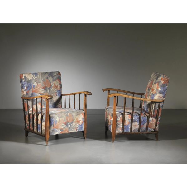 TWO ARMCHAIRS, WOODEN STRUCTURE, FABRIC UPHOLSTERY