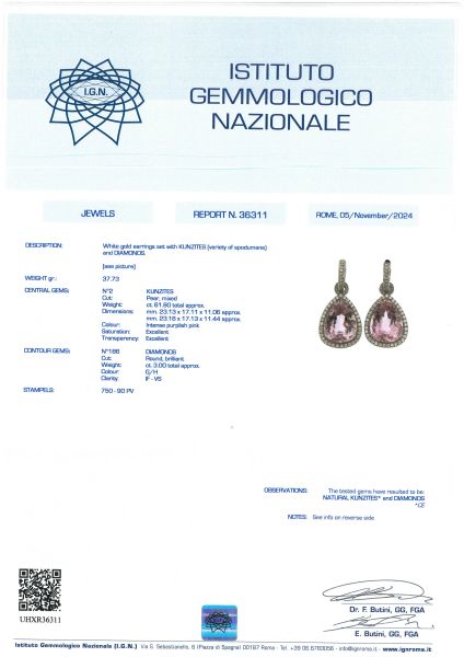 PAIO DI ORECCHINI PENDENTI CON KUNZITI E DIAMANTI