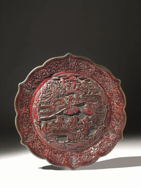  Piatto Cina, sec. XIX-XX,  in lacca, di forma circolare con tesa polilobata    decorato con personaggi in un paesaggio cittadino con montagne sullo sfondo, diam. cm 26,5, marchio sul retro