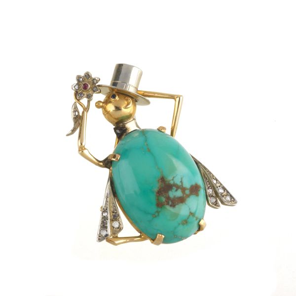 FLY-SHAPED TURQUOISE AND DIAMOND BROOCH IN 18KT TWO TONE GOLD