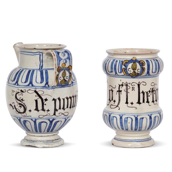 AN EWER AND A PHARMACY JAR (ALBARELLO), BASSANO, SECOND HALF 17TH CENTURY - EARLY 18TH CENTURY