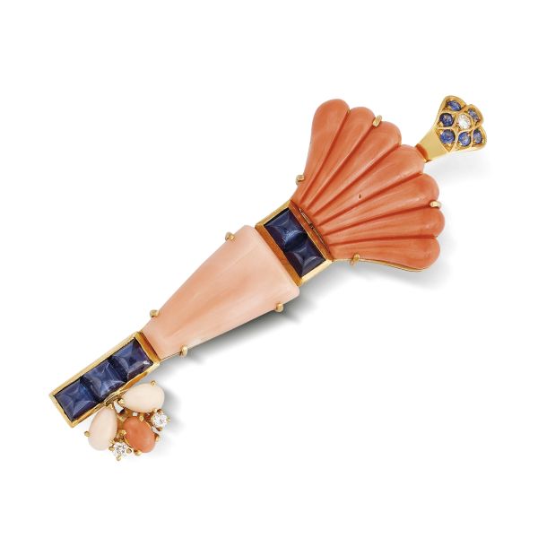 MORONI CORAL SAPPHIRE AND DIAMOND PENDAN-/BROOCH IN 18KT YELLOW GOLD