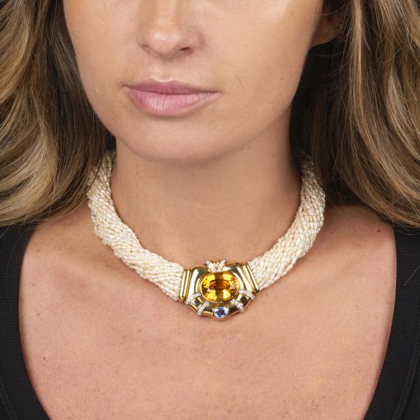 COLLANA MULTIFILO CON PERLE, CITRINO, ZAFFIRO E DIAMANTI