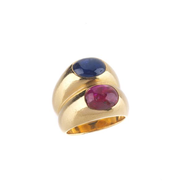 DOBBLE BAND SAPPHIRE AND RUBY RING IN 18KT YELLOW GOLD