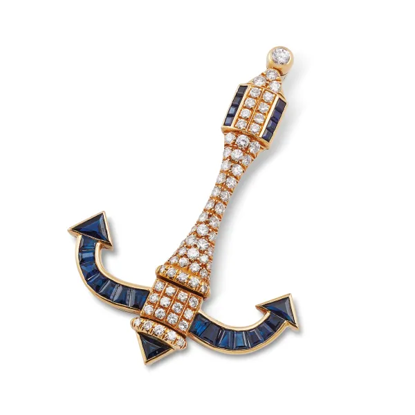 



DIAMOND AND SAPPHIRE ANCHOR-SHAPED BROOCH IN 18KT YELLOW GOLD